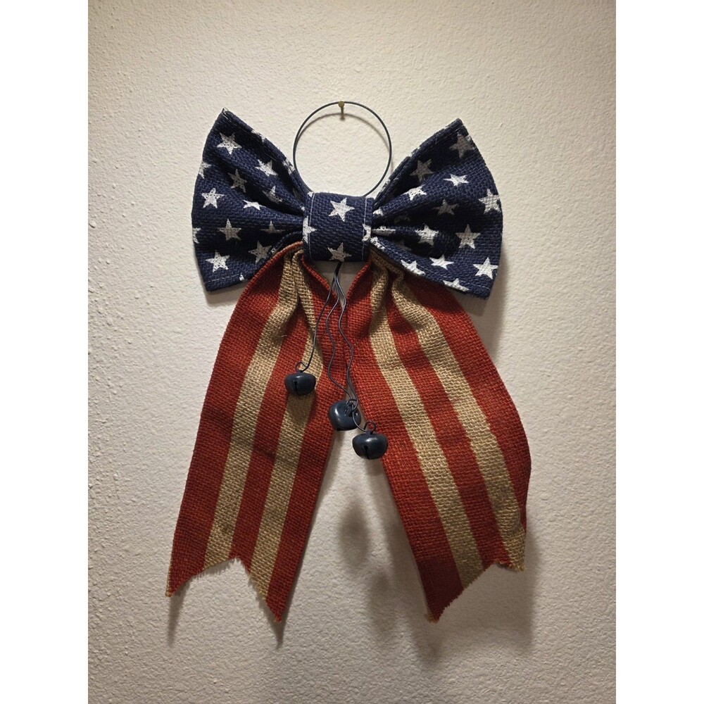 4th of July Patriotic Stars & Stripes Bow w/ Bells Welcome Door Hanger